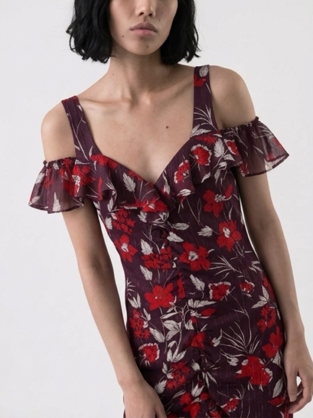 Guess; Crimson Garden Floral Metallic Off The Shoulder Dress.